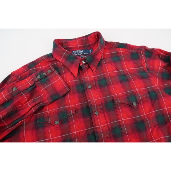 Vintage Polo Ralph Lauren Men's Large Classic Western Pearl Snap Shirt Red Plaid